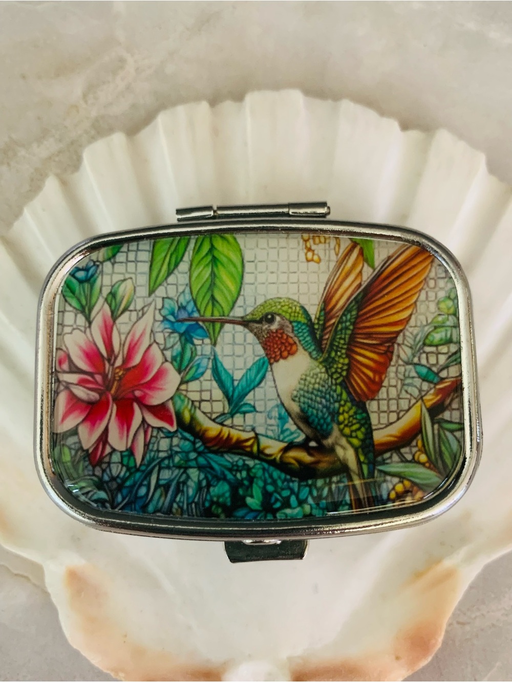 Hummingbird Floral Stained Glass Design Metal Pill Box